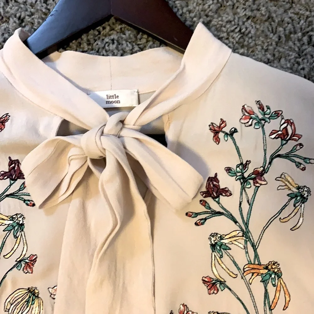 Little Moon Cream Floral Embroidered Tie-Neck Blouse - Picture 2 of 2
